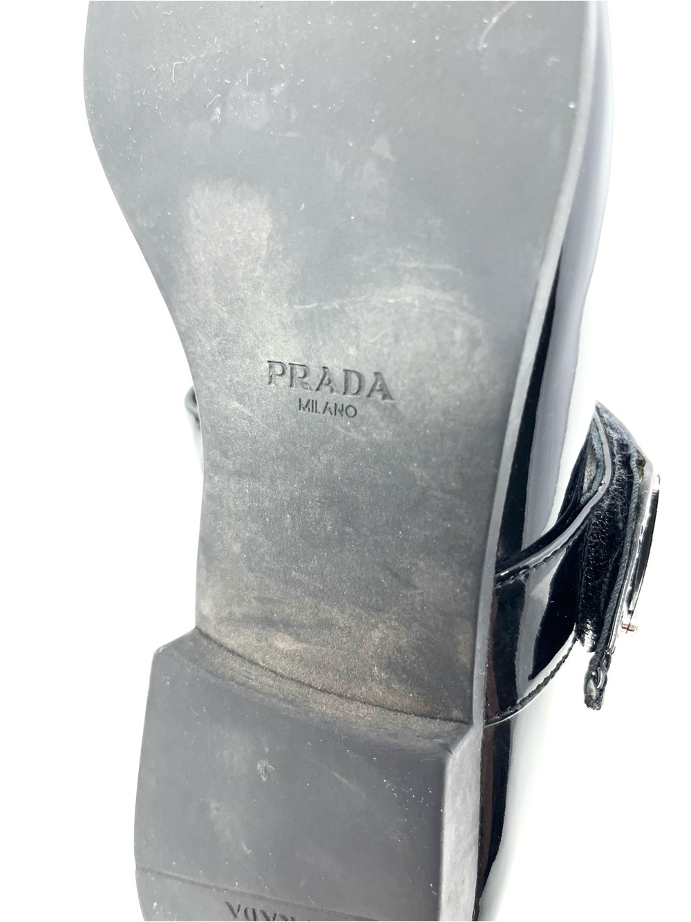 Prada Black Patent Leather Square Toe Triangle Logo Mary Jane Janes Flats 38 8 - Picture 9 of 11